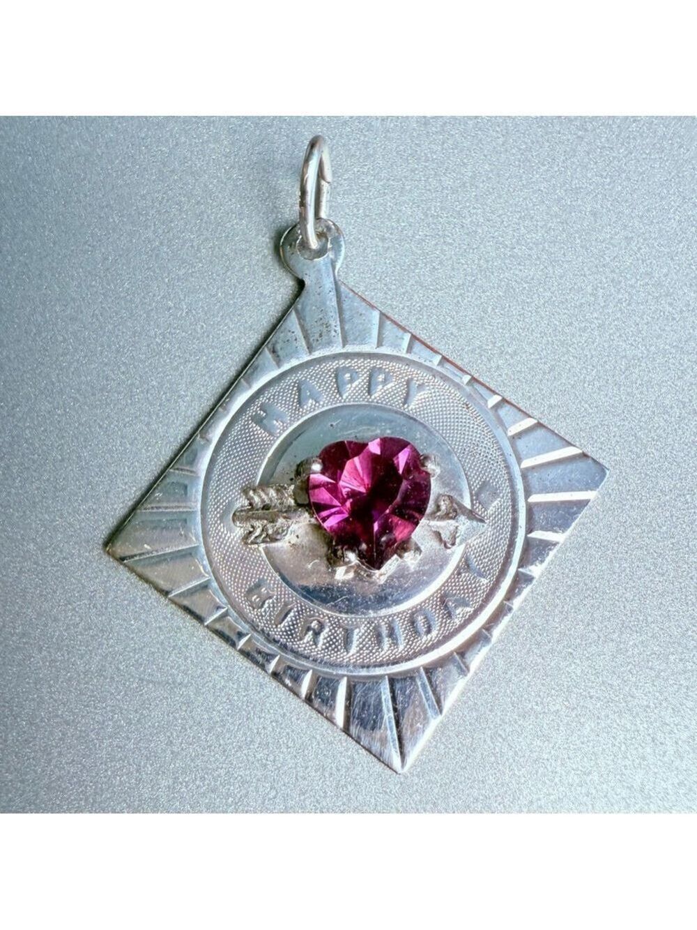 Sterling Silver 925 Happy Birthday July Birthstone Simulated Ruby Charm Pendant